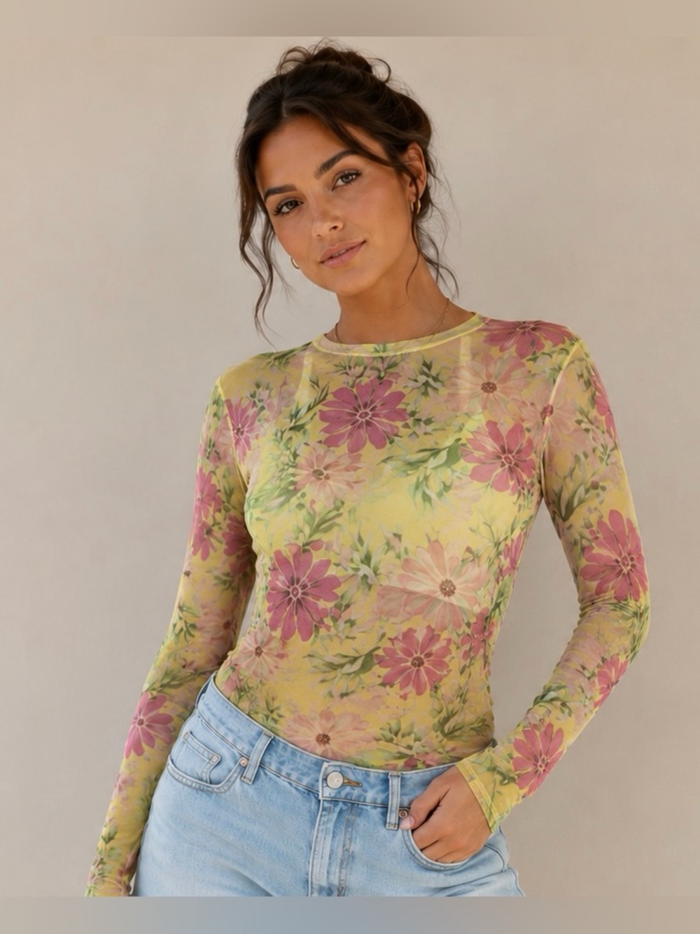 Women’s Floral Long-Sleeve Mesh Semi-Sheer Bodysuit - Size L